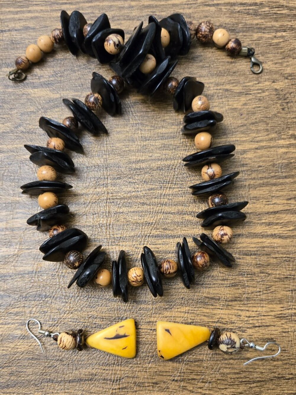 Women's Black/Tan Ethnic Statement Necklace w/Slats/Balls Accent & Earrings